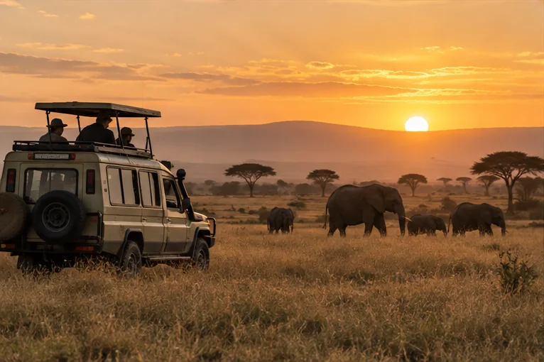 Safari vehicle and elephants at sunset in Tanzania